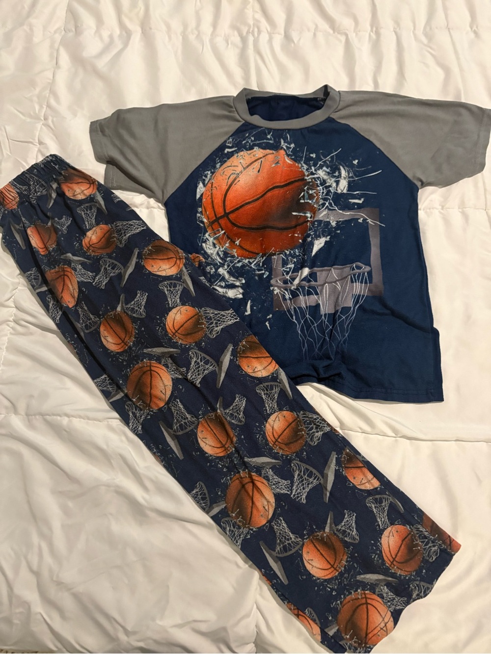Kids Basketball Pajama Set - Navy & Gray with Orange Basketball